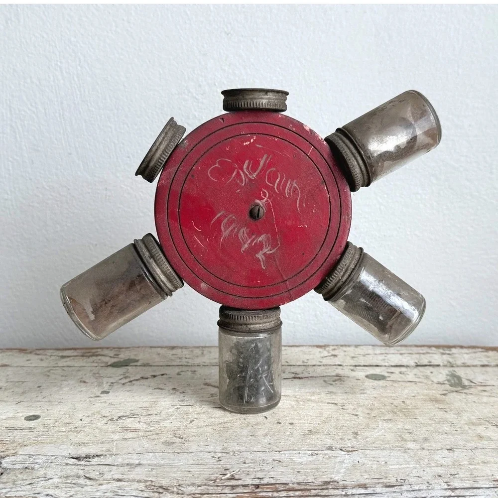 Vintage 1942 Carousel Hardware Organizer Red Wood Glass Jar Storage
